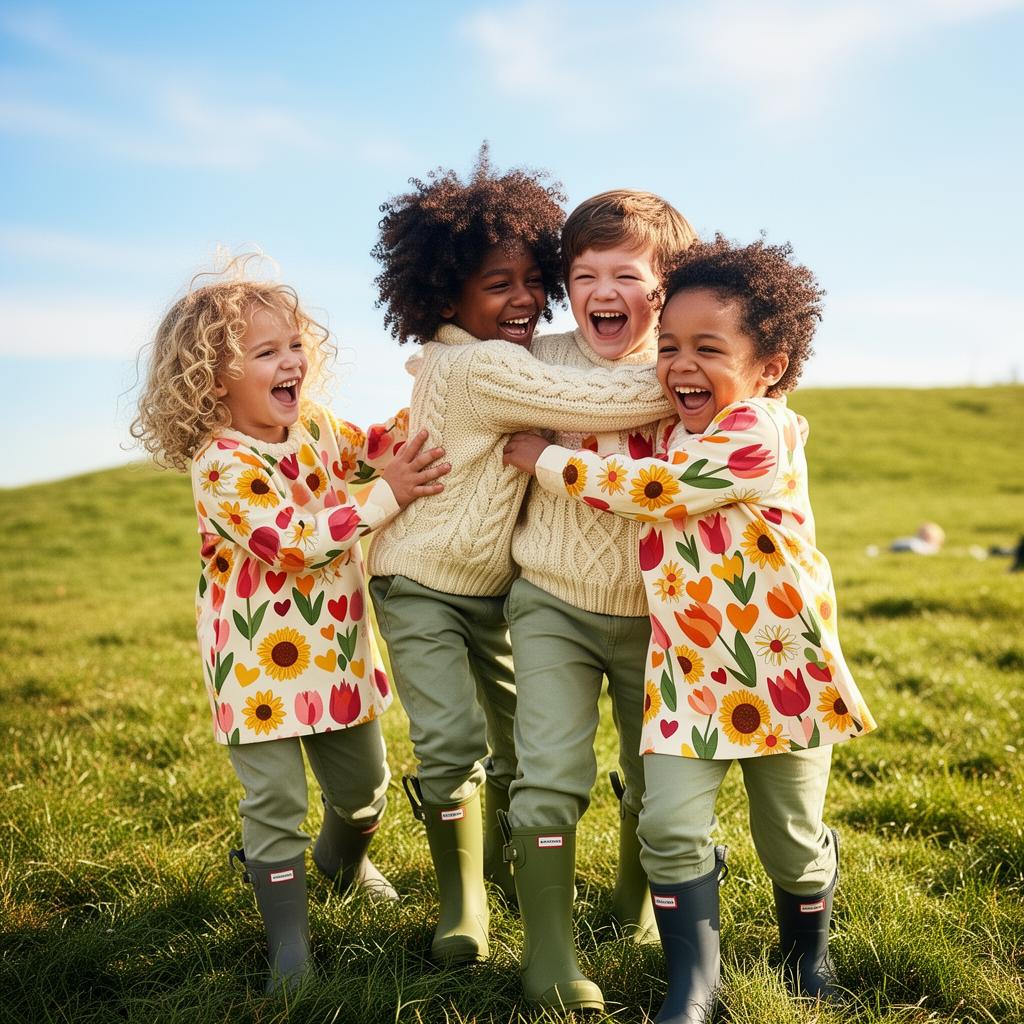 A multicultural group of children laughing together in colourful floral European kidswear from La Petite Capsule